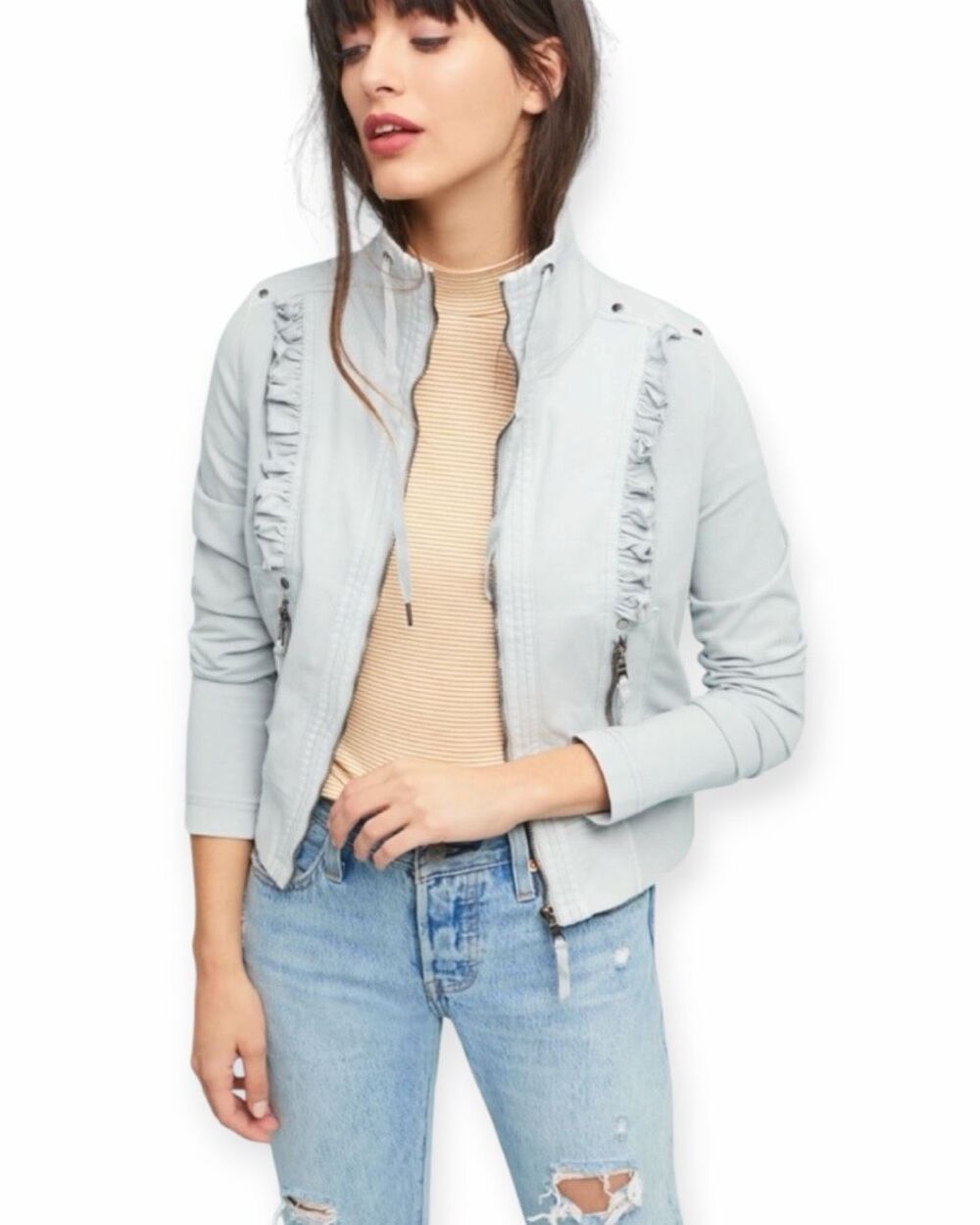 MARRAKECH Anthropologie Ruffle Moto Jacket Blue Gray Cotton Blend Size Large